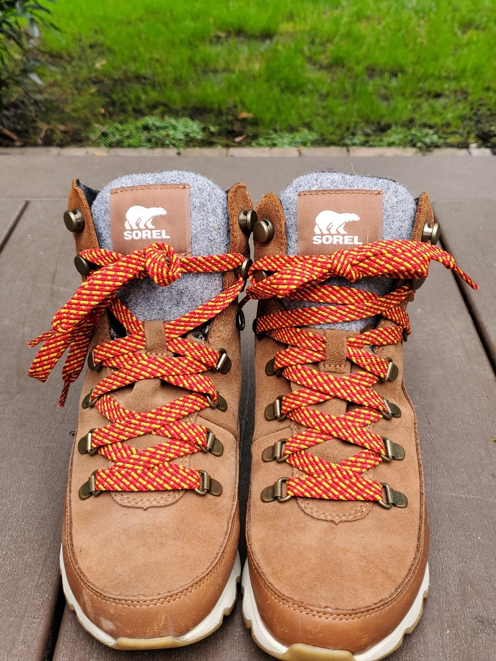 Sorel Brown Suede Hiking Boots with Red and Yellow Laces